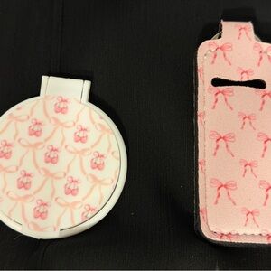 Round White Compact Makeup Mirror with Pink Bow and Matching Chapstick Keychain